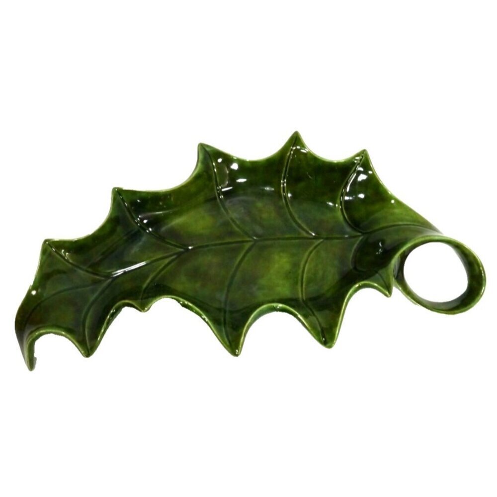 Beautiful Christmas green holly ceramic leaf small tray bowl 14 x 7" By GLADYS